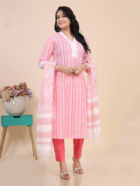 Peach Floral Stripe Print Kurti Set