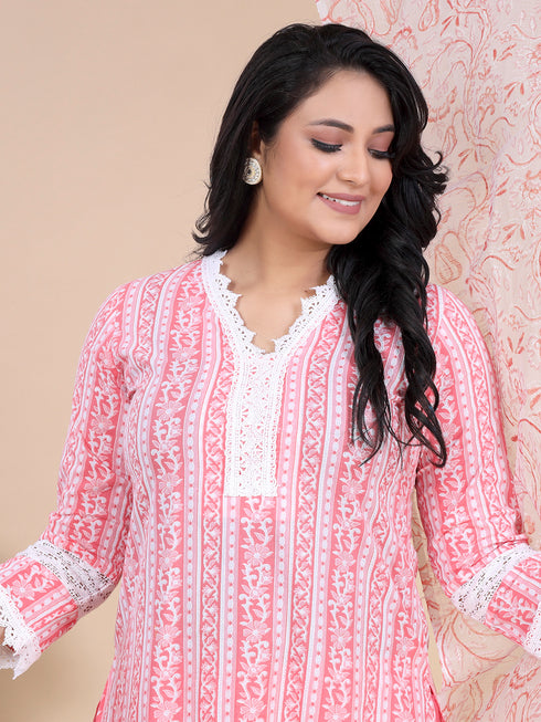 Peach Floral Stripe Print Kurti Set
