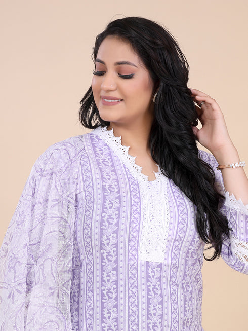 Purple Floral Stripe Print Kurti Set