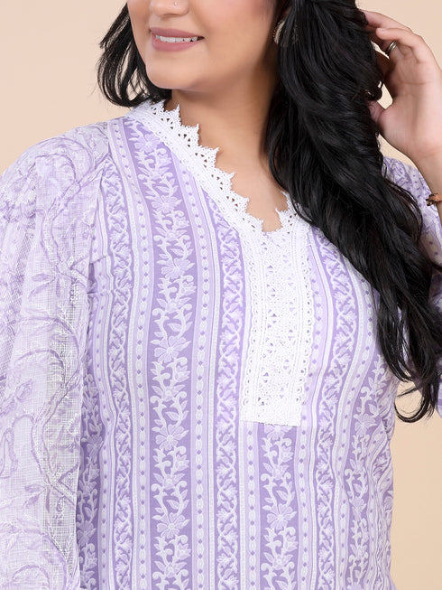 Pink Leaf Print Embroidered Kurti Set