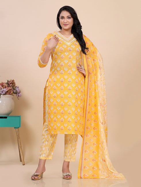 Crome Yellow Floral Print Mirror Work Kurti Set