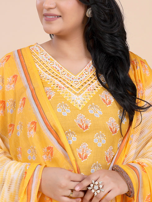 Crome Yellow Floral Print Mirror Work Kurti Set
