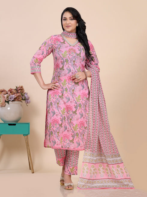 Pink Kalamkari Print With Beads Kurti Set