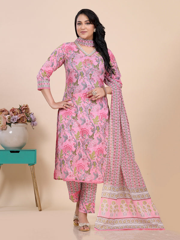 Pink Kalamkari Print With Beads Kurti Set