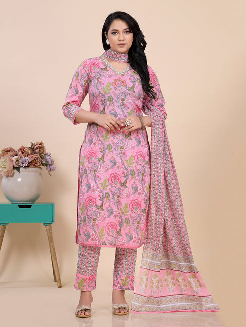 Pink Kalamkari Print With Beads Kurti Set