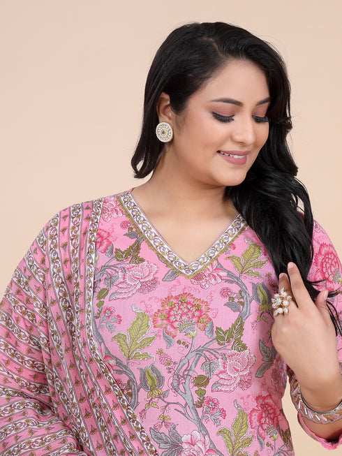 Pink Kalamkari Print With Beads Kurti Set