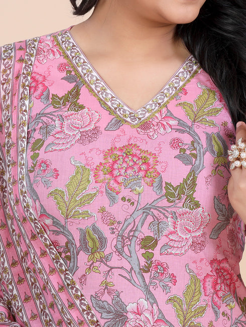 Pink Kalamkari Print With Beads Kurti Set