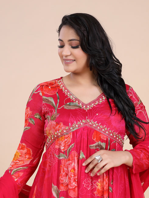Pink Digital Print Embroidered Beads Fit and Flare Kurti Set