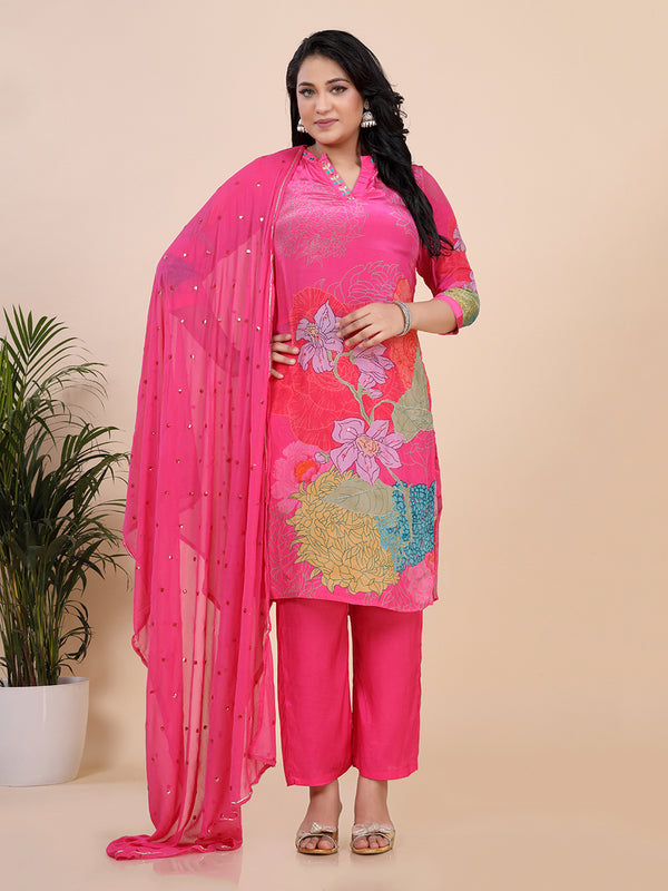 Pink Digital Floral Print Zari Thread Work Kurti Set