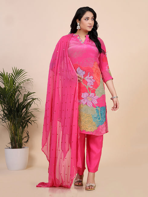 Pink Digital Floral Print Zari Thread Work Kurti Set