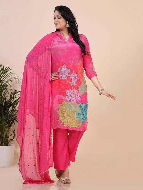 Pink Digital Floral Print Zari Thread Work Kurti Set