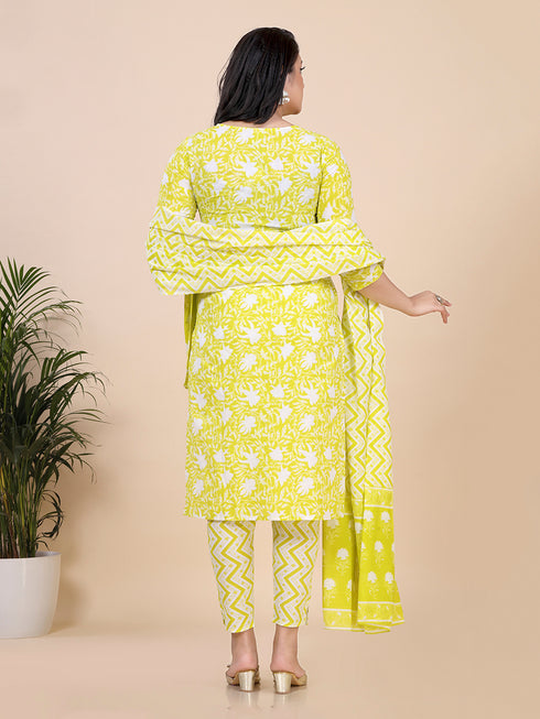 Lime Green Floral Print Gota Patti Kurti Set