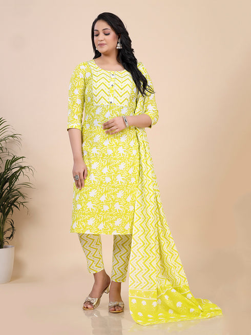 Lime Green Floral Print Gota Patti Kurti Set