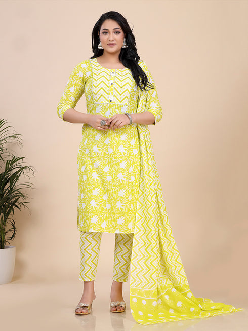 Lime Green Floral Print Gota Patti Kurti Set