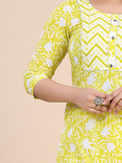 Lime Green Floral Print Gota Patti Kurti Set