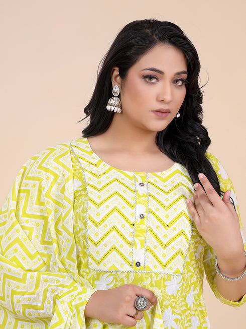 Lime Green Floral Print Gota Patti Kurti Set