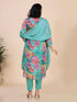 Green Floral Print With Embroidered Sequence Kurti Set