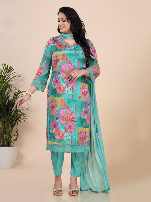 Green Floral Print With Embroidered Sequence Kurti Set