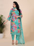 Green Floral Print With Embroidered Sequence Kurti Set