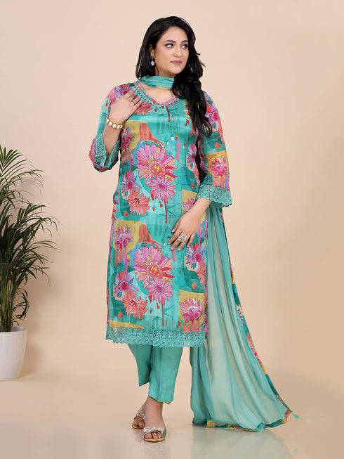 Green Floral Print With Embroidered Sequence Kurti Set