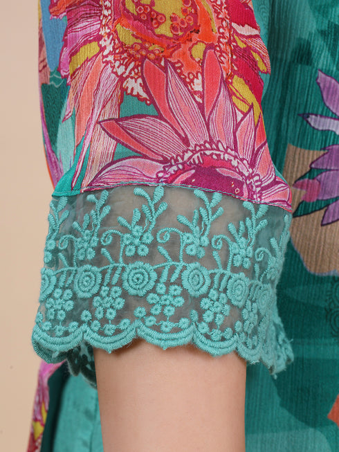 Green Floral Print With Embroidered Sequence Kurti Set
