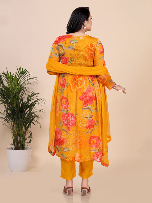 Yellow Digital Print Embroidered Beads Fit and Flare Kurti Set