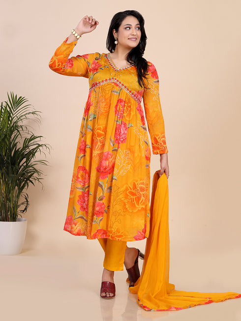 Yellow Digital Print Embroidered Beads Fit and Flare Kurti Set