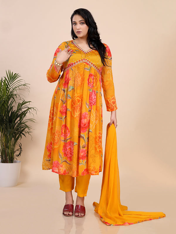 Yellow Digital Print Embroidered Beads Fit and Flare Kurti Set