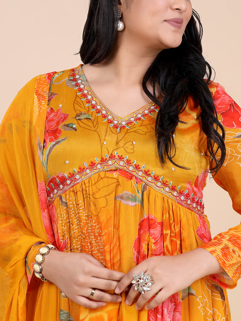 Yellow Digital Print Embroidered Beads Fit and Flare Kurti Set