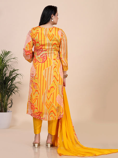 Saffron Yellow Printed Sequence Kurti Set