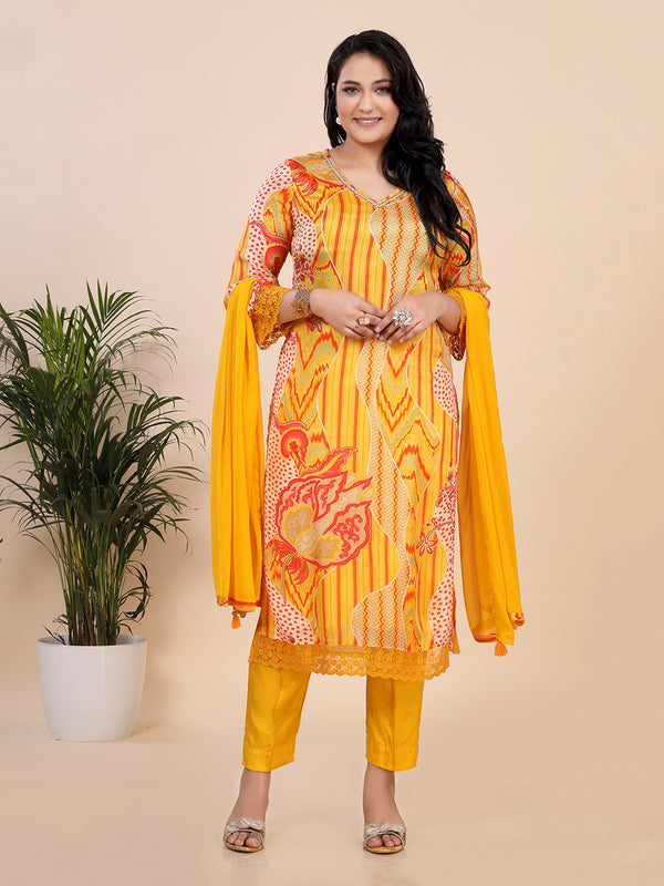 Saffron Yellow Printed Sequence Kurti Set