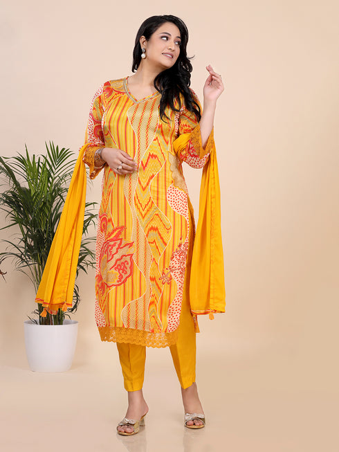 Saffron Yellow Printed Sequence Kurti Set