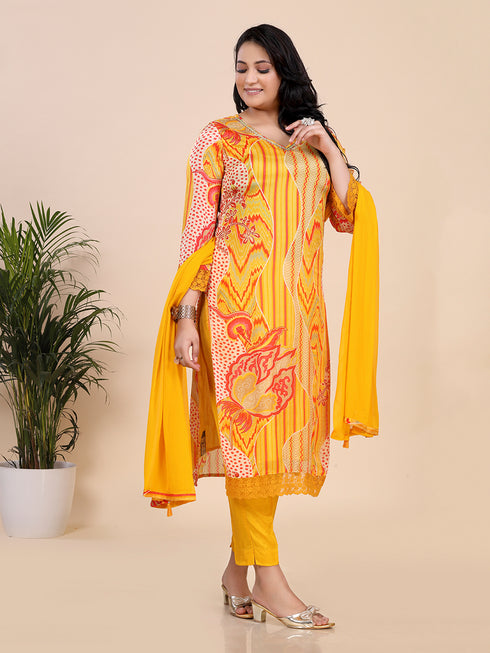 Saffron Yellow Printed Sequence Kurti Set