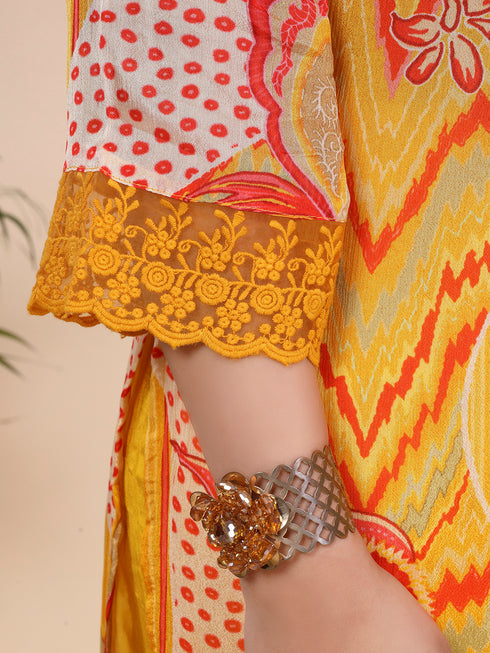 Saffron Yellow Printed Sequence Kurti Set