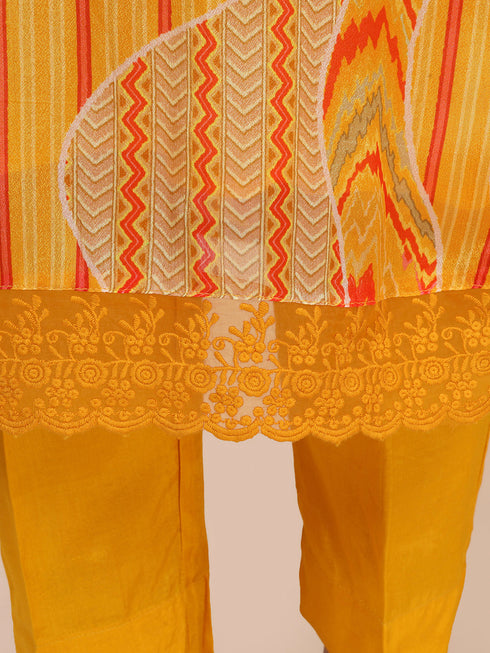 Saffron Yellow Printed Sequence Kurti Set