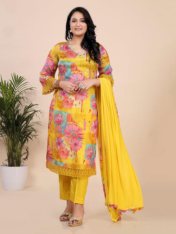 Yellow Floral Print With Embroidered Sequence Kurti Set