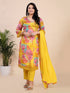 Yellow Floral Print With Embroidered Sequence Kurti Set