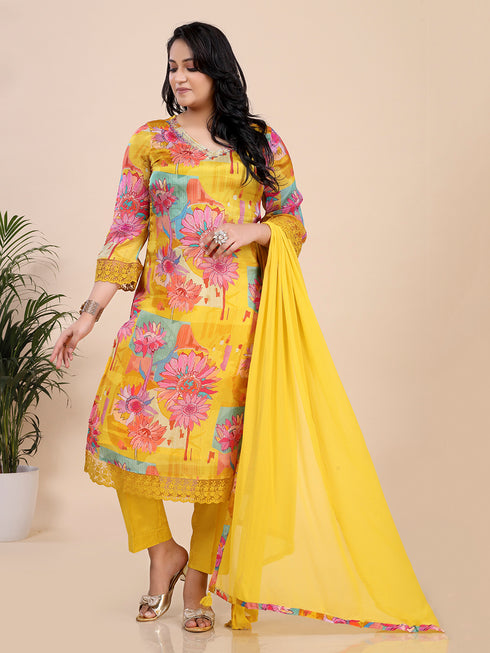 Yellow Floral Print With Embroidered Sequence Kurti Set