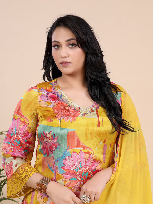 Yellow Floral Print With Embroidered Sequence Kurti Set