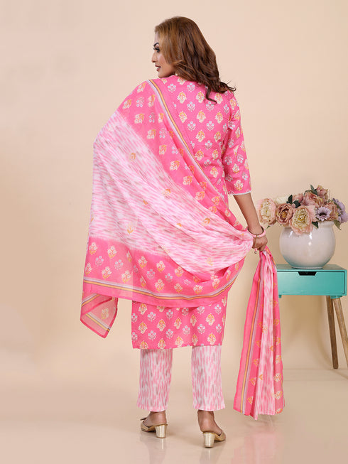 Pink Floral Print Mirror Work Kurti Set