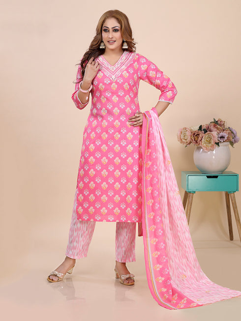 Pink Floral Print Mirror Work Kurti Set