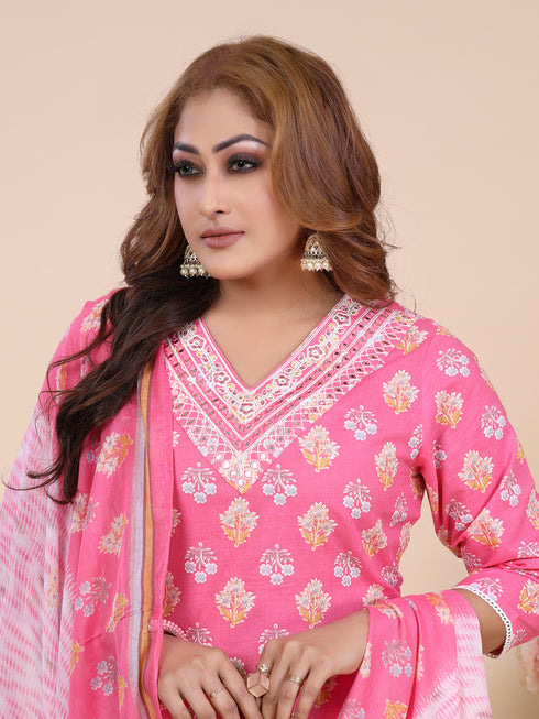 Pink Floral Print Mirror Work Kurti Set
