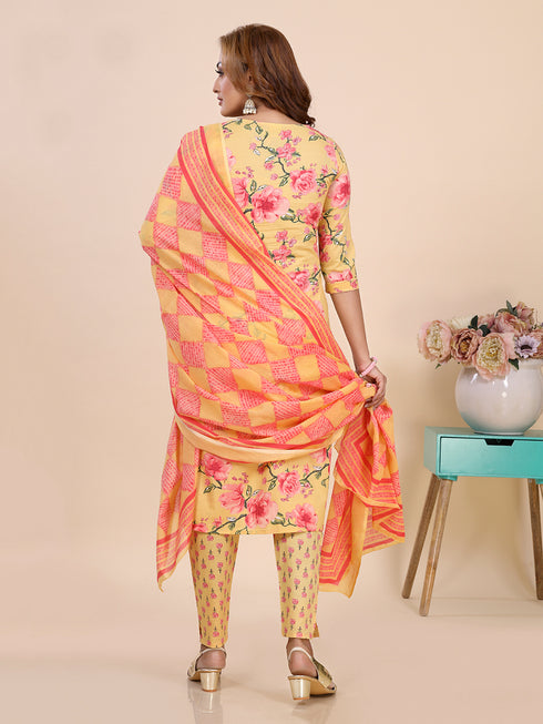 Mustard Floral Print Embroidered Kurti Set
