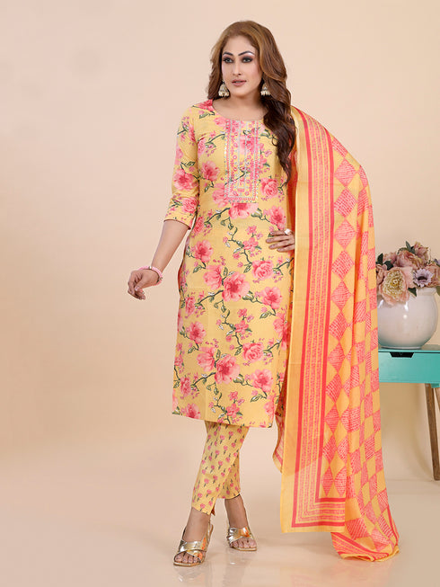 Mustard Floral Print Embroidered Kurti Set