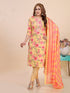 Mustard Floral Print Embroidered Kurti Set