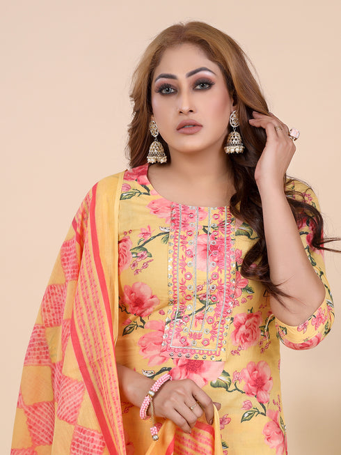 Mustard Floral Print Embroidered Kurti Set