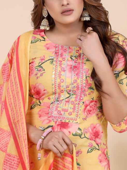 Mustard Floral Print Embroidered Kurti Set