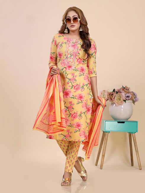 Mustard Floral Print Embroidered Kurti Set
