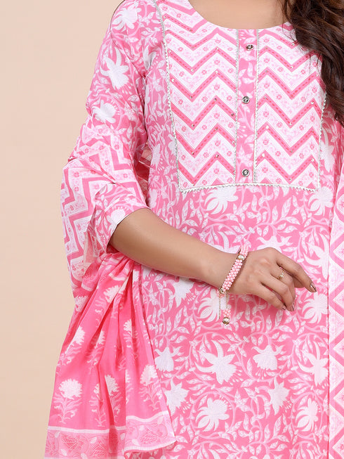 Pink Floral Print Gota Patti Kurti Set