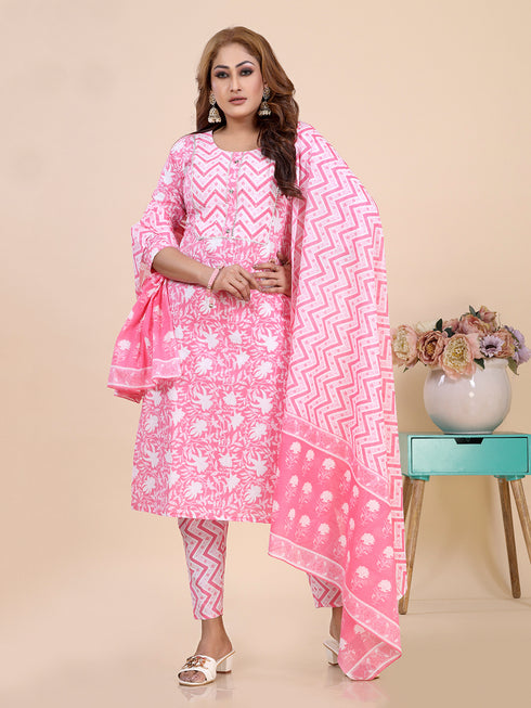 Pink Floral Print Gota Patti Kurti Set
